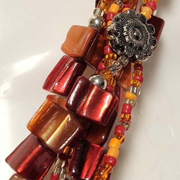 Iridescent Red Coral Floral Multi Strand Necklace With Earrings - Picture 12 of 13